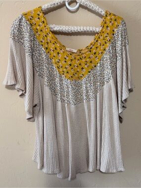 Hummingbird Cream Knit Tunic with Mustard Floral Yoke